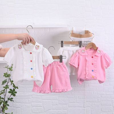Summer Korean style girls doll collar cartoon short-sleeved shirt top solid color shorts two-piece set