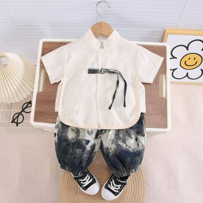 Baby boy casual fashion two-piece summer new style boy's antique stand-collar cardigan short-sleeved suit