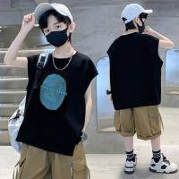 Children's summer vest sleeveless t-shirt 2023 new T sports waistcoat loose middle and large children's net celebrity boy fashionable trend  Black