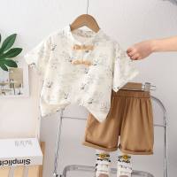 Summer new fashion panda garden button short-sleeved suit for children and middle-aged children, foreign style Chinese style short-sleeved suit for boys  Brown
