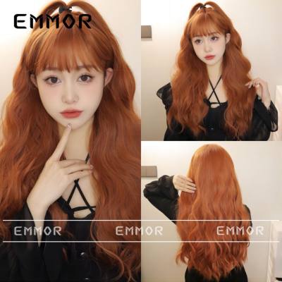 Peruca para mulheres cabelo longo com franja ondulação de água do mar cor laranja internet celebridade diariamente lolita coreano doce peruca natural