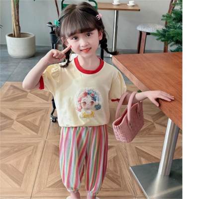 Girls Summer Suit 2024 New Style Sports Children's Puff Sleeve Round Neck Short Sleeve Two-piece Suit