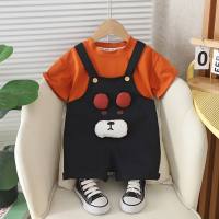 Summer new Korean version of children's clothing for boys and girls three-dimensional bear short-sleeved suspenders two-piece summer children's suit trendy  Black