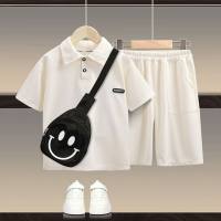 Children's short-sleeved polo shirt suit summer solid color medium and large children's casual sports  Beige
