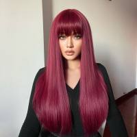 Liuhai gradual gray long straight hair chemical fiber high temperature silk European and American wigs wigs  Style 2