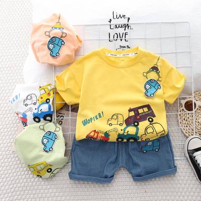 Small and medium-sized children's summer new children's clothing wholesale Korean style car short-sleeved soft denim shorts two-piece set