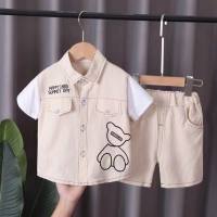 Children's Summer Suit Bear Fake Two-piece Suit Fashion Trendy Small and Medium-sized Boys' Trendy Two-piece Suit  Beige