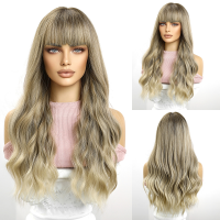 Wig for women with long hair and big waves, air bangs and gradient blue full head cover, matte high temperature wire  Style 2