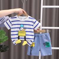 2023 children's clothing summer boys short-sleeved striped bear t-shirt Korean style trendy Japanese children's clothing  Blue