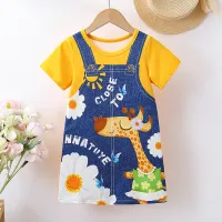 Children's Clothing Children's Dress Imitation Denim Suspender Giraffe Print Casual Round Neck Short Sleeve Children's Dress  Yellow