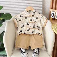 2024 Summer Boys and Girls Panda National Style Short-sleeved Children's Clothing National Style Two-piece Children's Suit Infant Summer Clothing  Beige