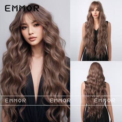 Long hair with bangs European and American style brown long curly hair big wave simulation full head wig for women