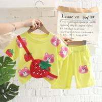 Summer baby short-sleeved suit for boys and girls, round neck printed strawberry carrier, two-piece short-sleeved suit  Yellow