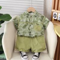 Summer boys and girls panda short-sleeved children's clothing ethnic style two-piece suit  Green