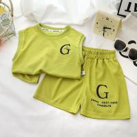 Children's vest suit summer new baby waffle clothes boy Korean style two-piece suit stylish children's clothing  Green
