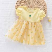 Vestido de manga corta para niñas, vestido de princesa de malla de verano 2024, falda elegante de fresa para niñas  Amarillo