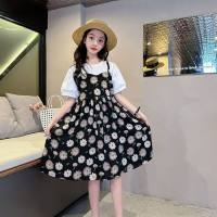 Girls' Summer Thin Fake Two-piece Dress Older Children's Fashionable and Sweet Pastoral Style Floral Skirt  Black