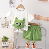 Bebê das crianças dos desenhos animados bonito em torno do pescoço camiseta manga curta verão fino menino roupas infantis conjunto de duas peças  Verde