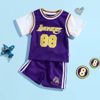Kinder-Sommer-Basketballuniformen für Jungen und Mädchen, gefälschte zweiteilige Kurzarm-Shorts-Anzüge, Sportbekleidung, Kindergarten-Leistungskleidung, Trikots  Lila