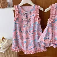 Girls Chinese style suit 2024 new summer new Chinese style female baby lace sleeveless top fashionable shorts two-piece suit  Pink