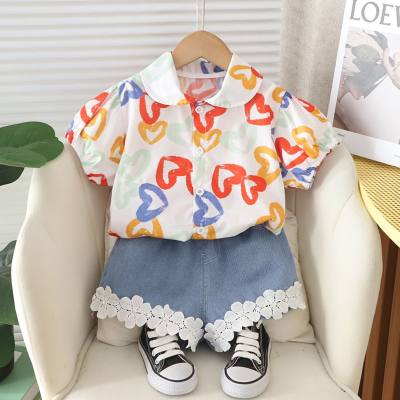 New summer children's round neck short-sleeved floral shirt suit girls summer Korean style shorts girls clothes breathable