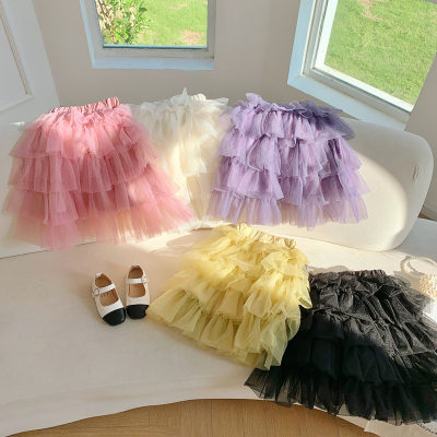 Girls mesh multi-layer skirt light luxury pleated cake skirt long skirt children's long puffy skirt skirt autumn and winter