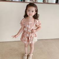Girls suit bow square neckline top plus shorts 24 summer new style  Pink