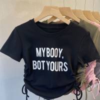 Trendy modisches Kurzarm-T-Shirt mit Kordelzug für Mädchen für Damen im neuen Sommer 2024 im Eisseiden-Stil im französischen Slim Fit-Kurzhemd  Schwarz