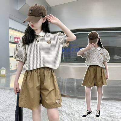 Girls Navy Collar Striped T-shirt Shorts Two-piece Set Big Kids Doll Collar Top Shorts Set