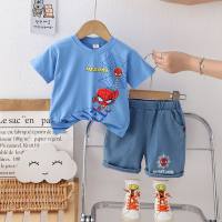 Summer fashionable children's street cartoon round neck short-sleeved suit trendy and cool new summer short-sleeved suit for boys  Blue