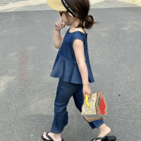 Girls suit single-breasted denim top with flared pants 2024 summer new foreign trade children's clothing for 3-8 years old  Blue