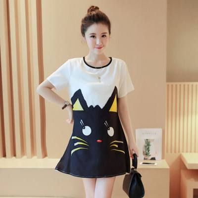 Maternity wear summer maternity dress cartoon black and white cat print stitching outer wear short sleeve cat pregnant woman loose dress