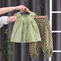 Vêtements pour enfants de célébrités sur Internet ensemble deux pièces à manches courtes pour bébé filles à la mode été nouvelle chemise à fleurs pour enfants costume floral  vert