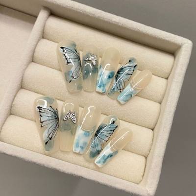 Long ladder hand-painted pure hand-made wearable nails watercolor smudge butterfly new Chinese style whitening