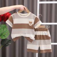 2023 children's clothing summer boys short-sleeved striped bear t-shirt Korean style trendy Japanese children's clothing  Brown