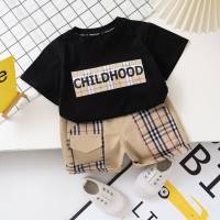 Conjunto de dos piezas de pantalones cortos de manga corta para niños, ropa infantil de algodón, camiseta con estampado de moda, verano  Negro