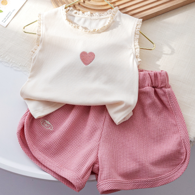 Girls' new summer sweet suit Western style vest lace sleeveless T simple versatile shorts Korean version of two-piece suit