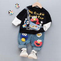 2-Piece Toddler Boy Sesame Street Splicing Casual Long Sleeves Top & Jeans  Black