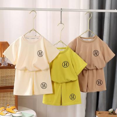 Children's men's and women's summer short-sleeved suits waffle medium and large children's casual two-piece suits for boys and girls