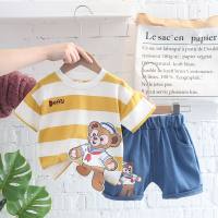 2022 new summer male and female children's baby short-sleeved suit striped cartoon three-dimensional bear two-piece short-sleeved suit for delivery  Yellow