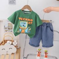 Children 1-5 years old boys cartoon printed short-sleeved children's T-shirt children's clothing boys summer clothing new suit two-piece set wholesale  Green
