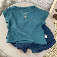 2023 Summer Simple Series Baby Cotton Lightweight Breathable Suit Boy Baby 2-piece Children's Clothing ins Nordic Style  Blue