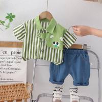 Infants and toddlers cute T-shirt summer new shirt children's clothing boys lapel striped short-sleeved casual shirt suit  Green