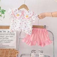 Girls' fashionable short-sleeved suits, summer clothes, infants, baby doll collar, floral tops, summer thin shorts, children's clothes  Pink