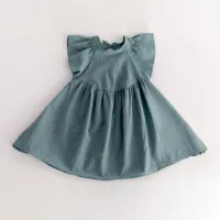 Ins – robe populaire en coton et lin pour filles, couleur unie, manches volantes, jupe de princesse pour bébé, nouvelle collection  vert