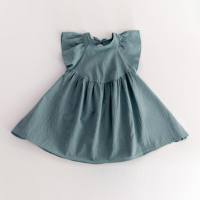 Meninas vestido de algodão linho cor sólida mangas voadoras saia bebê vestido de princesa novo estilo vestido de menina  Verde