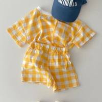 Korean version of ins children's refreshing cotton short-sleeved suit summer baby love plaid casual T-shirt shorts two-piece suit  Yellow