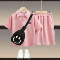 Children's short-sleeved polo shirt suit summer solid color medium and large children's casual sports  Pink