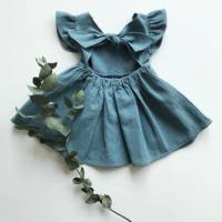 New style girls dress baby cotton linen solid color princess dress  Green