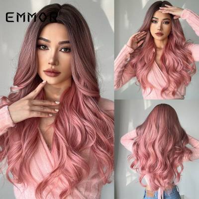 Gradiente rosa médio-partido longo cabelo encaracolado temperamento europeu e americano peruca de fibra sintética headpiece para mulher